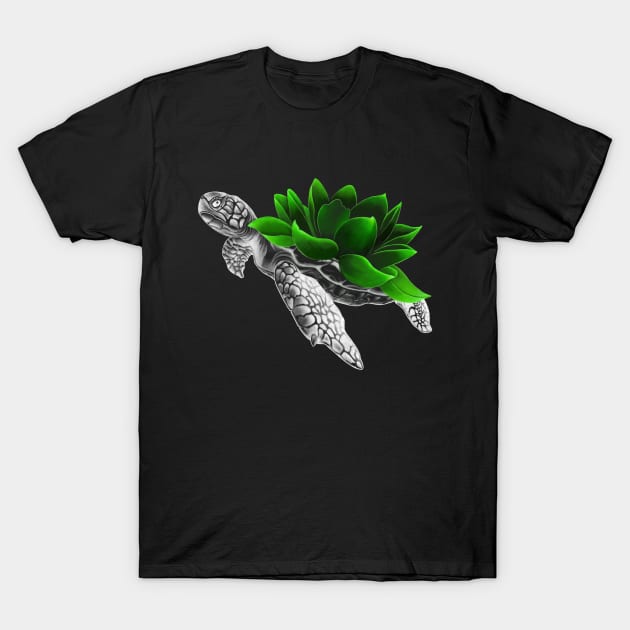 Detailed Sea Turtle with Neon Lotus Flower as Shell T-Shirt by Tred85